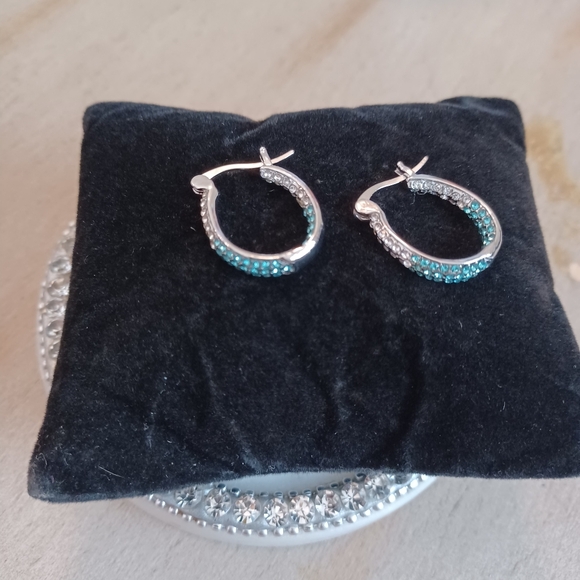Blue Ombre Rhinestone Crystal Inside-Out Hoop Drop Dangle Earrings - Picture 8 of 9